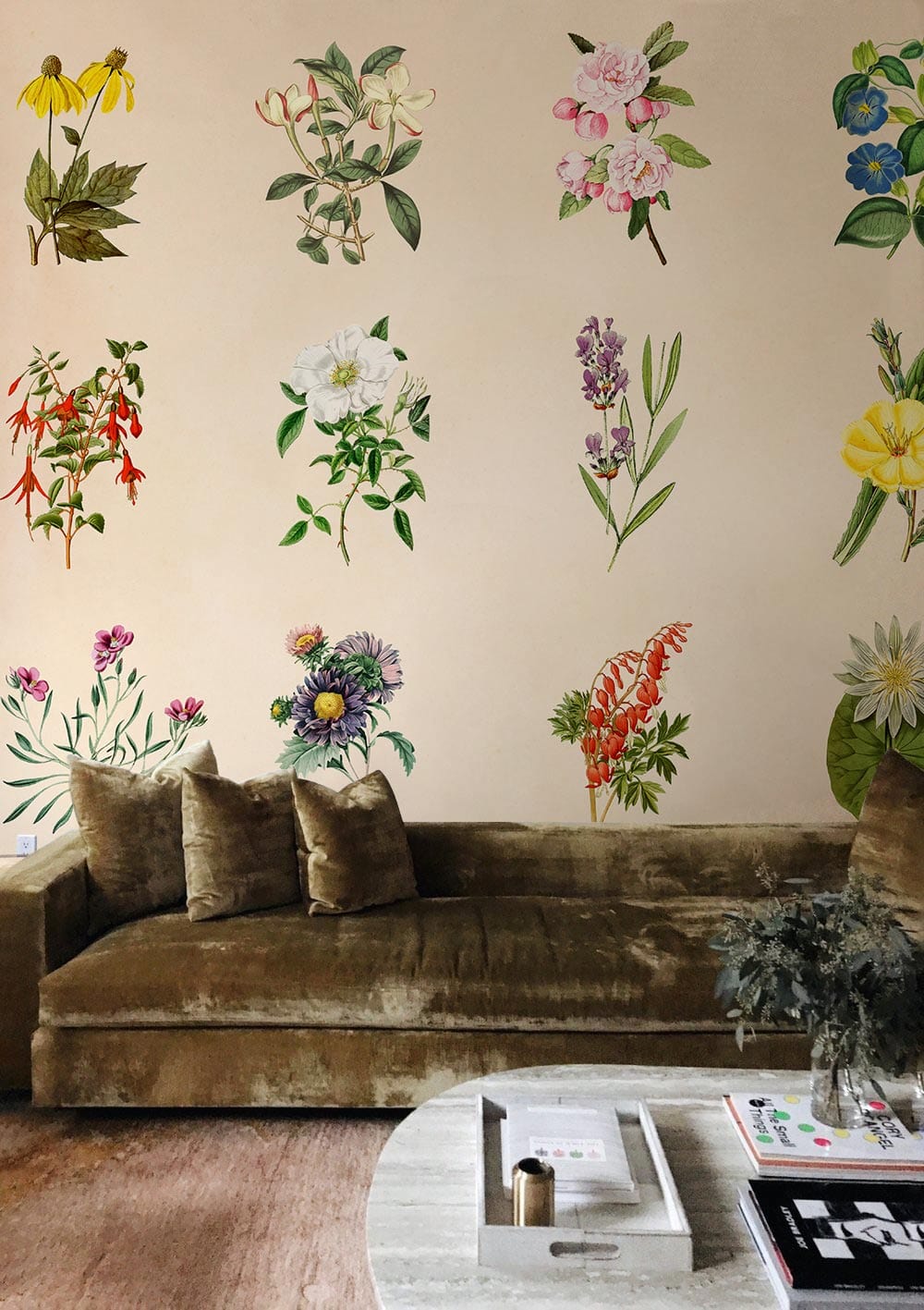 Vintage Botanical Floral Wallpaper in Pastel, Velvet Sofa, Rustic Wood Flooring, Elegant Living Room Decor.
