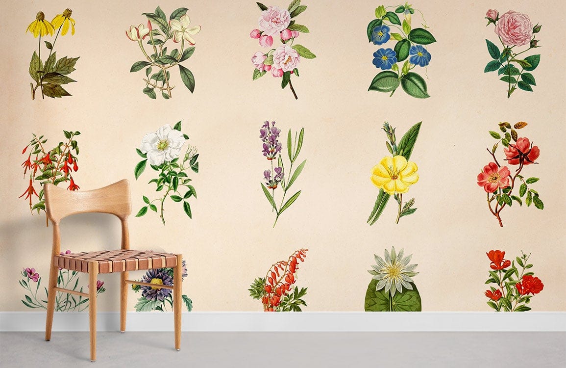 Vintage botanical floral wallpaper, soft pastel design, wooden chair, white skirting, concrete floor, beige wall.