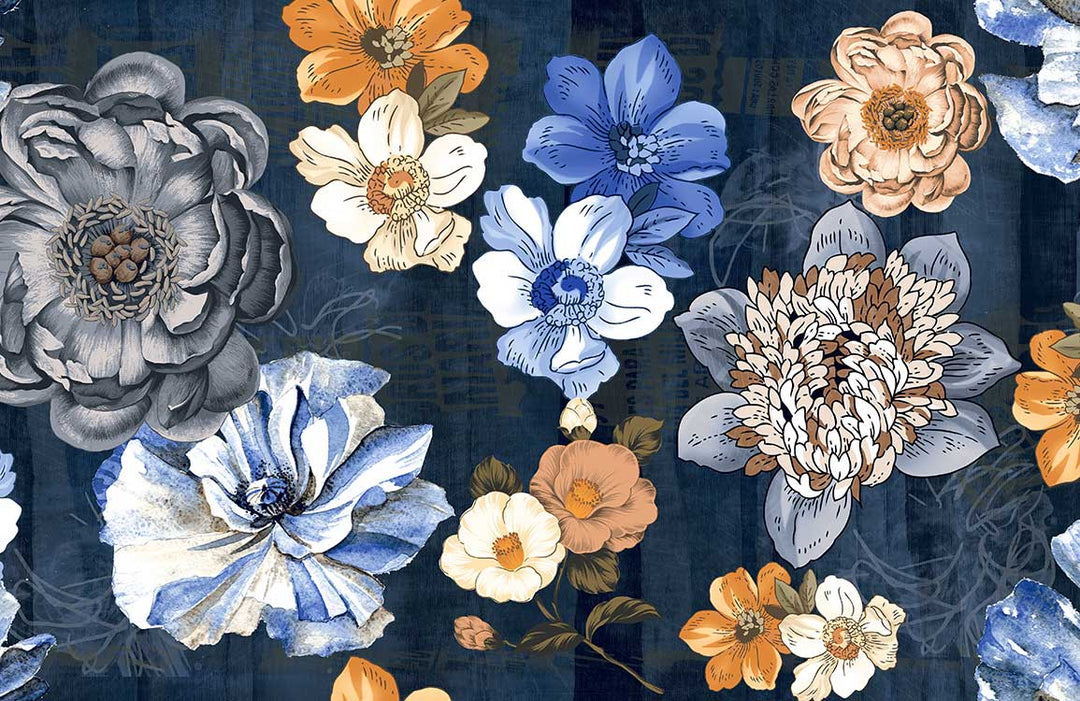 Vintage Floral Elegance Midnight Blue and Orange Mural Wallpaper Design