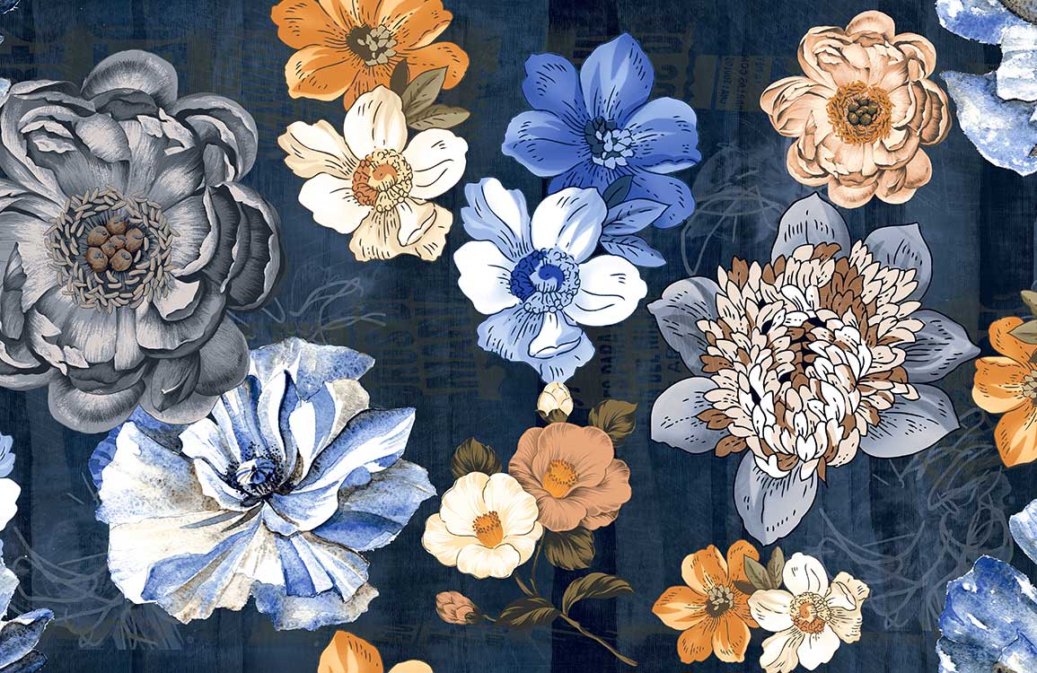 Vintage Floral Elegance Midnight Blue and Orange Mural Wallpaper Design