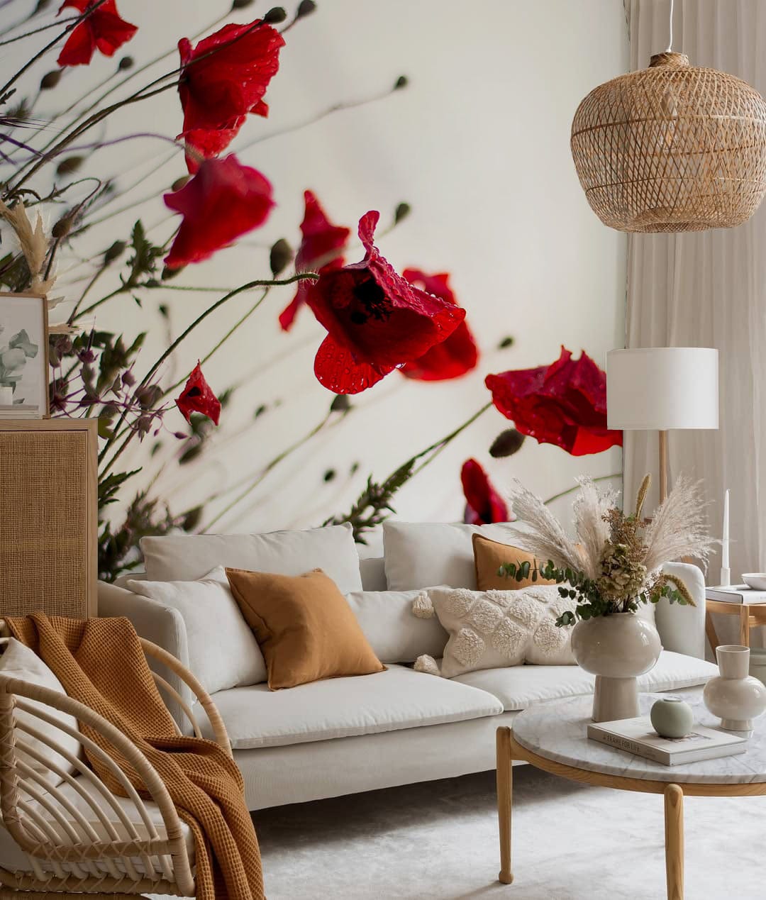 Elegant Red Poppy Floral Wallpaper with white modern sofa, rattan chair, and light wood furniture.