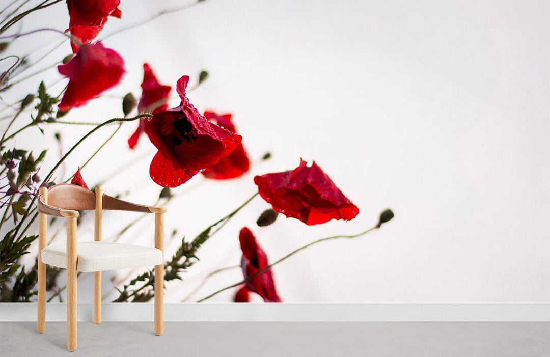 Elegant Red Poppy Floral Wallpaper with modern botanical design, wooden chair, and grey flooring.