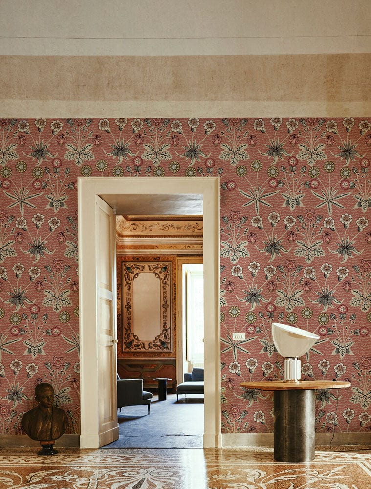 Vintage Floral Wallpaper in Red and Green Botanical Design, door, elegant flooring, sculpture, round table.