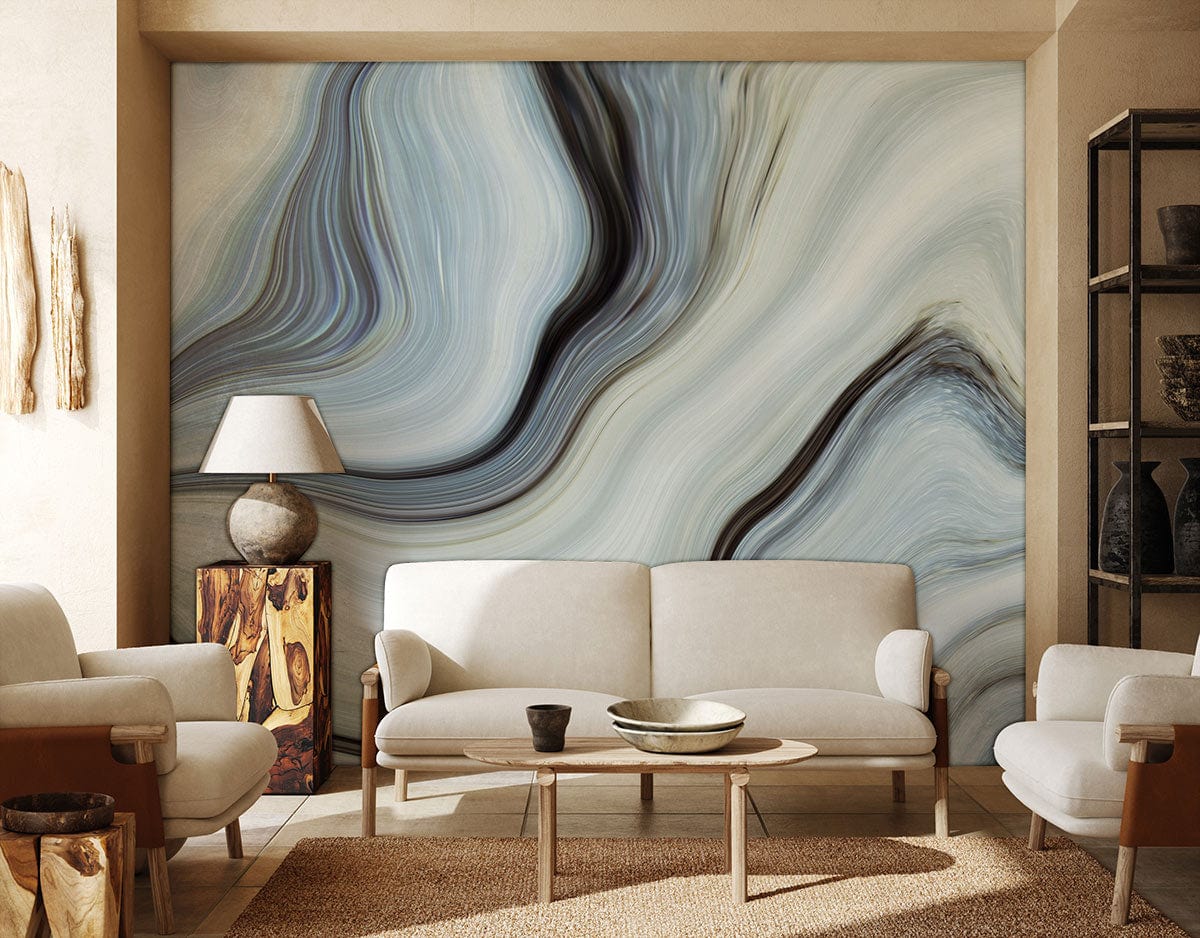 Abstract blue-grey swirl mural wallpaper, beige sofas, modern living room, wooden flooring, stylish decor accents.