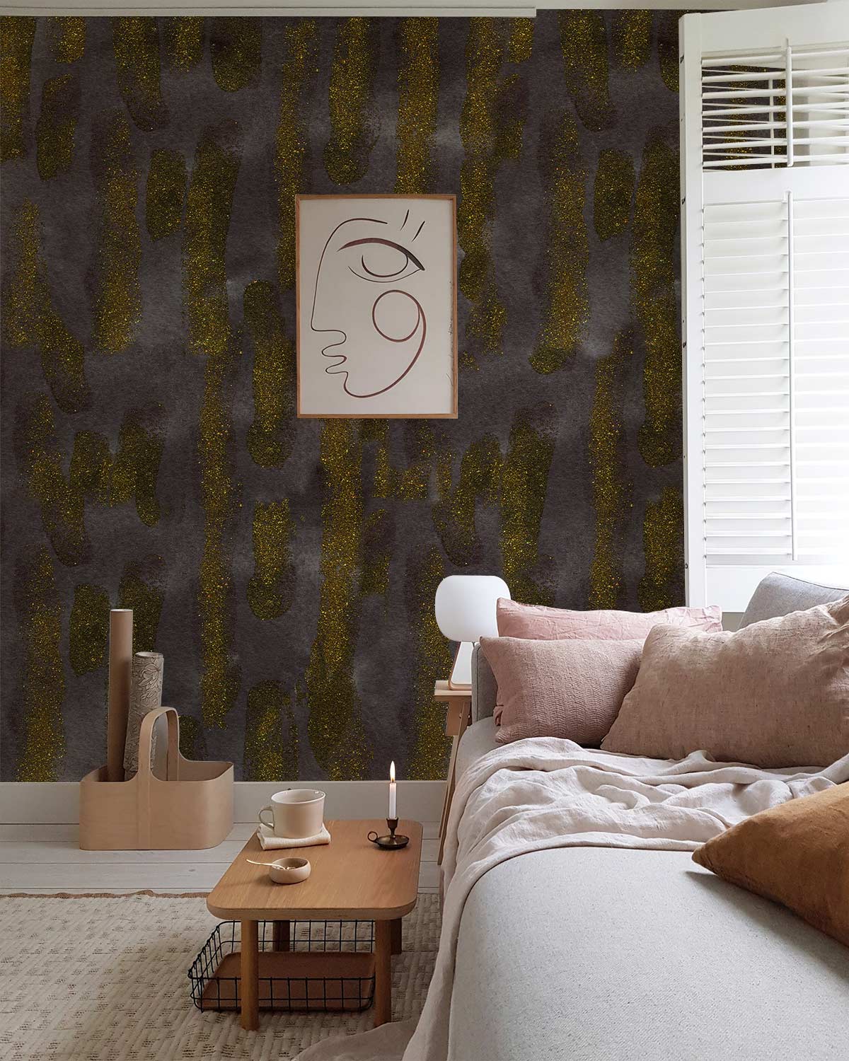 Luxurious gold-grey camouflage wallpaper, neutral sofa, beige rug, light wood tables, minimal art, contemporary style.