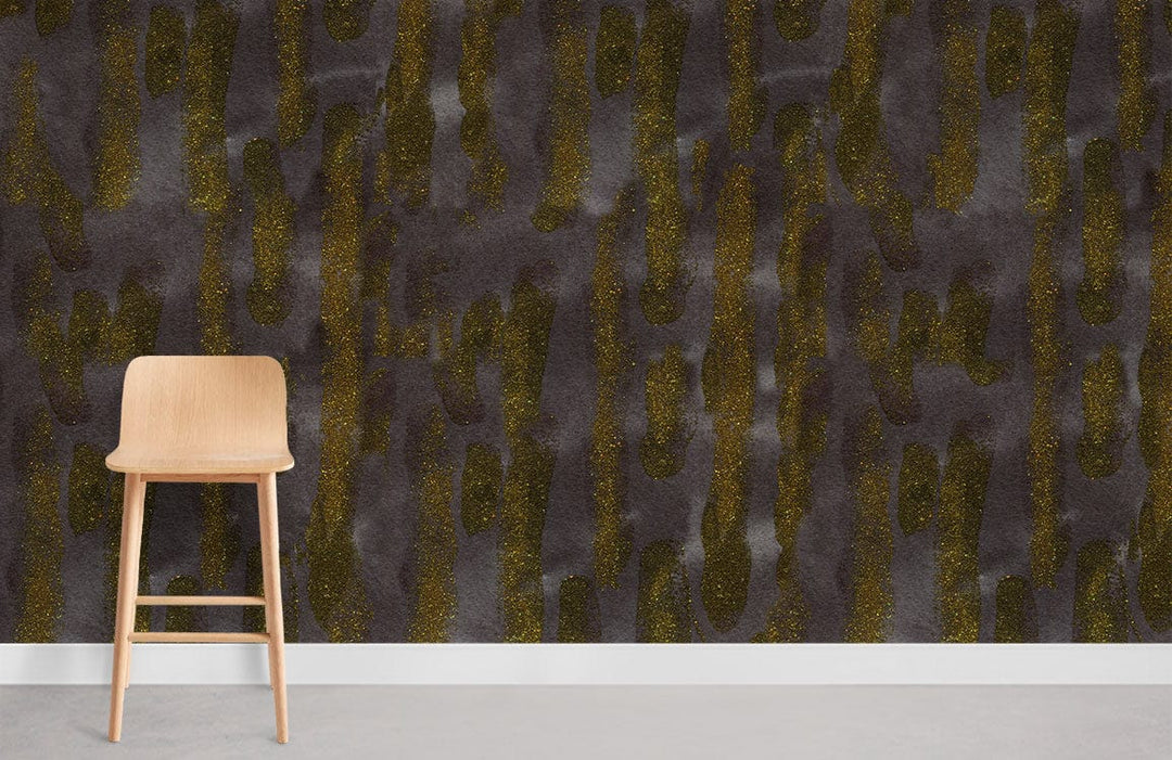 Luxurious Gold-Grey Camouflage Wallpaper, modern setting, wooden chair, concrete flooring, contemporary style.
