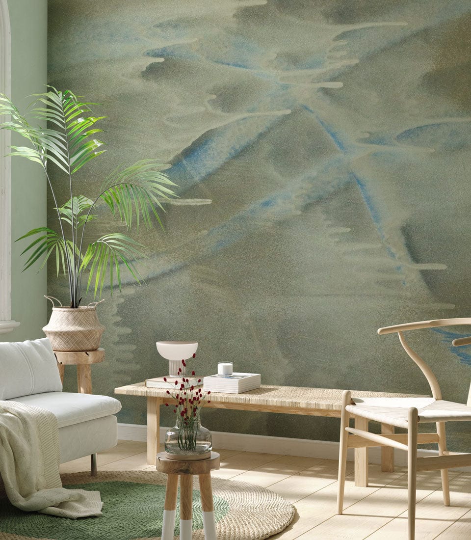 Elegant Watercolour Blue Grey Abstract Mural Wallpaper in living room with beige sofa and wooden chair.