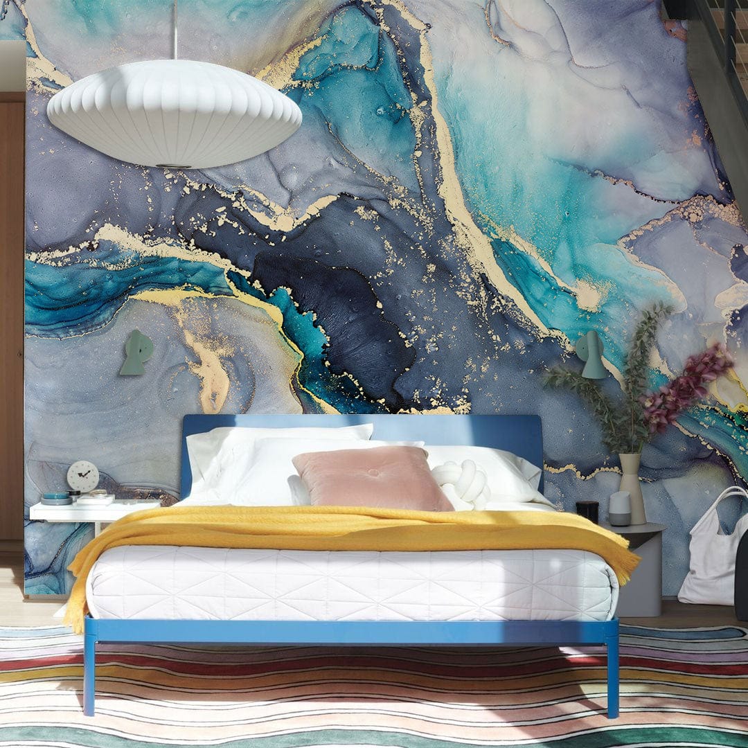 Luxurious Blue and Gold Marble Mural Wallpaper with Abstract ...