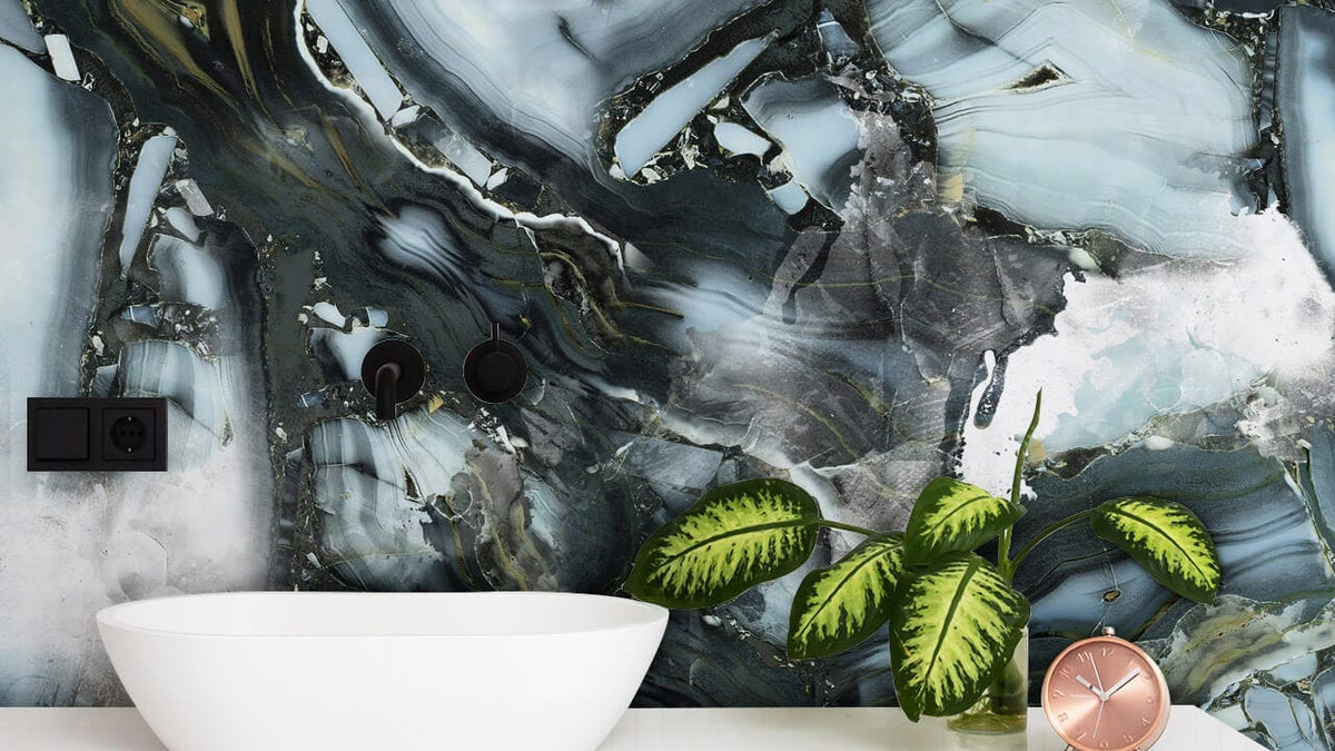 Marble Effect Green and White Abstract Mural Wallpaper with white sink in modern bathroom setting.