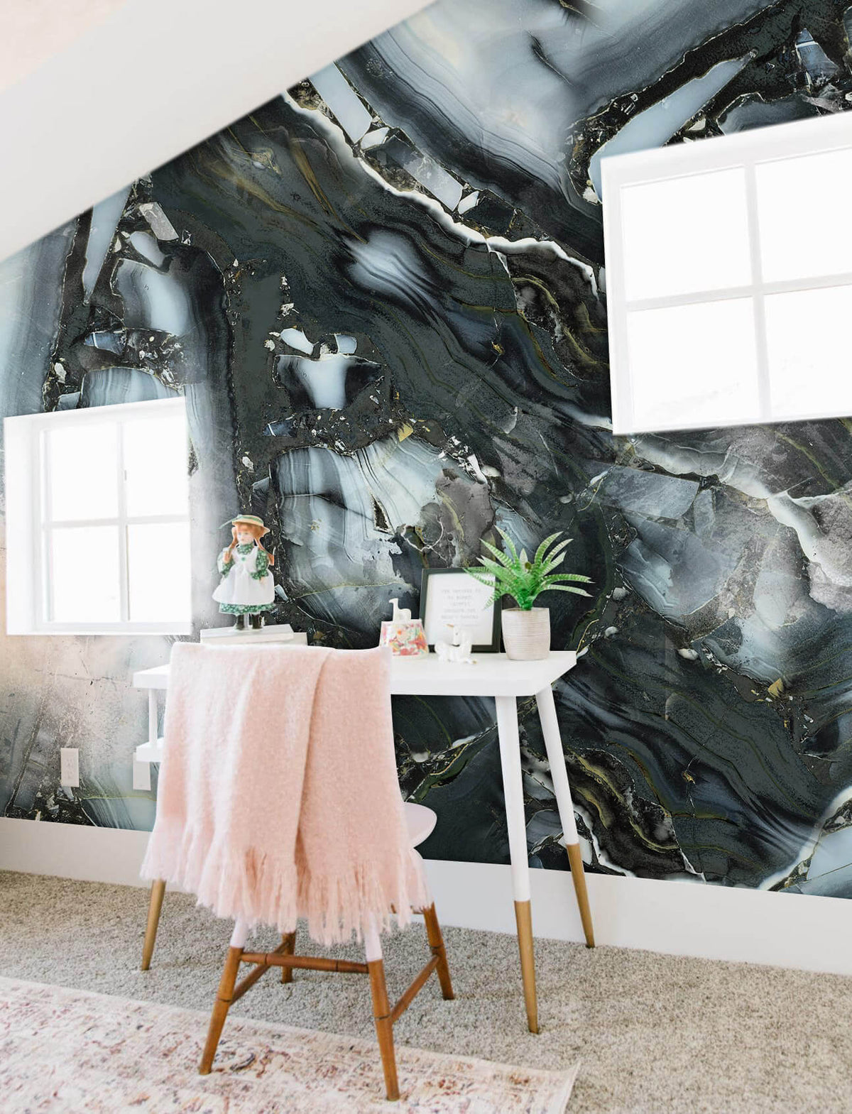 Marble effect green and white abstract mural wallpaper in modern interior with desk and chair, carpet flooring.