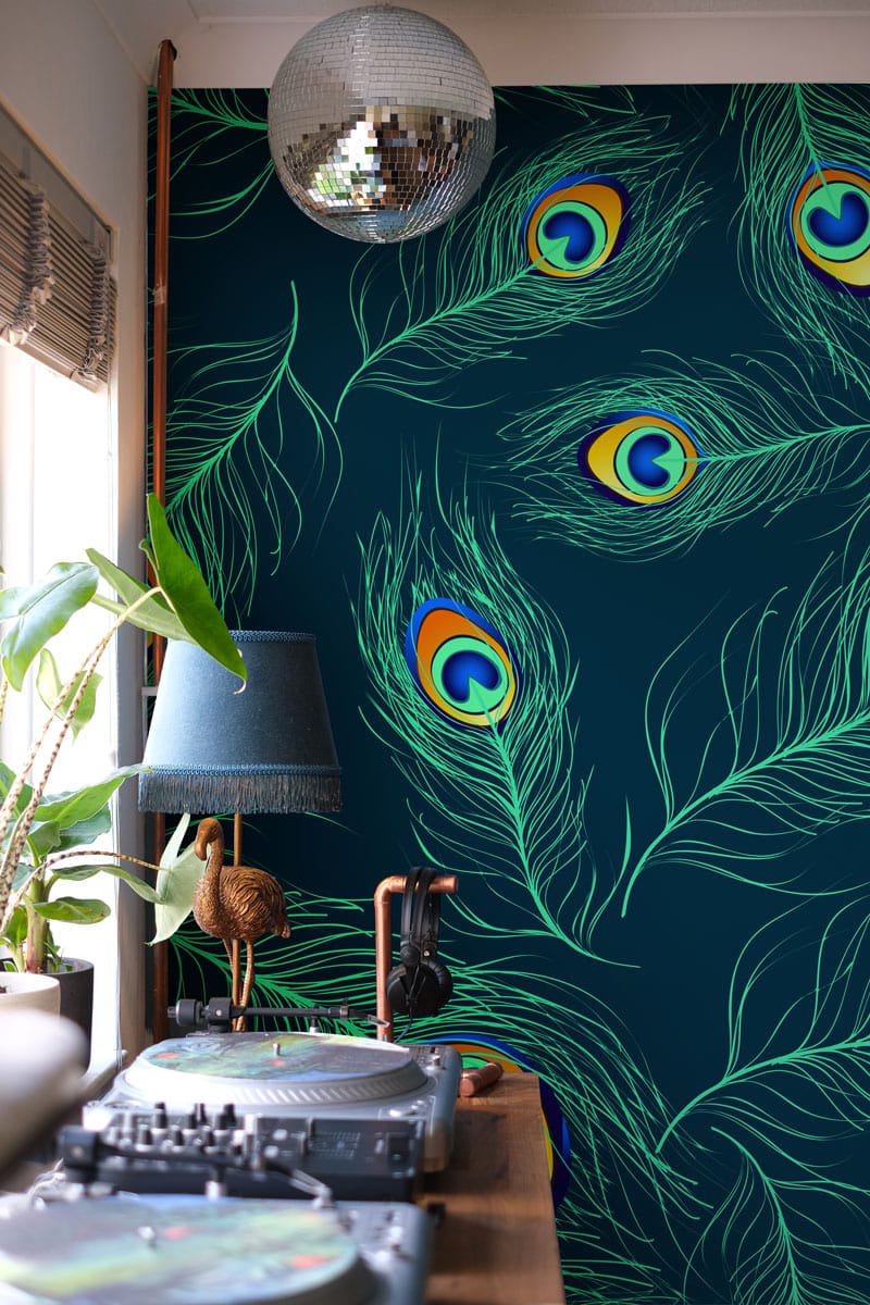 Vibrant Peacock Feather Wallpaper, teal multicolour, living room, featuring disco ball, eclectic style Décor.