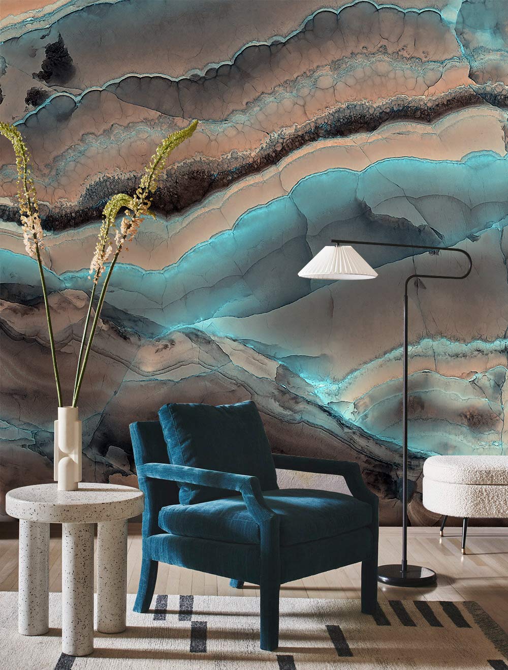 Aqua Marble Geode Mural Wallpaper, blue armchair, modern lamp, grey floor, stylish living room design.