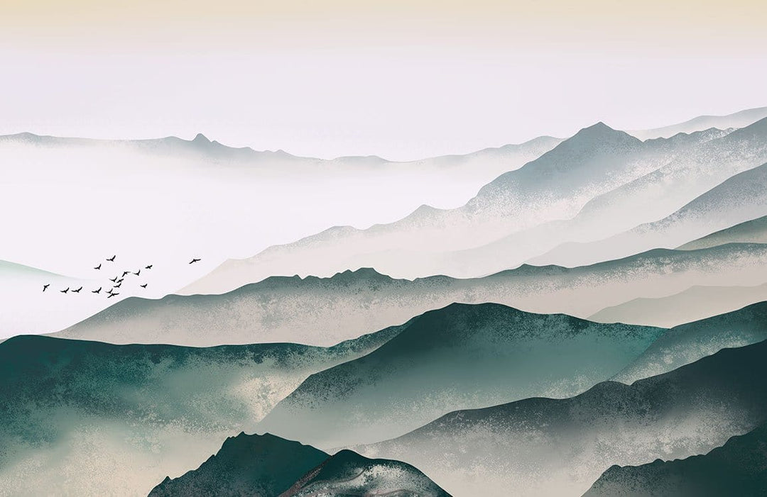 Serene Misty Mountains Mural Wallpaper - Tranquil Green Landscape Design