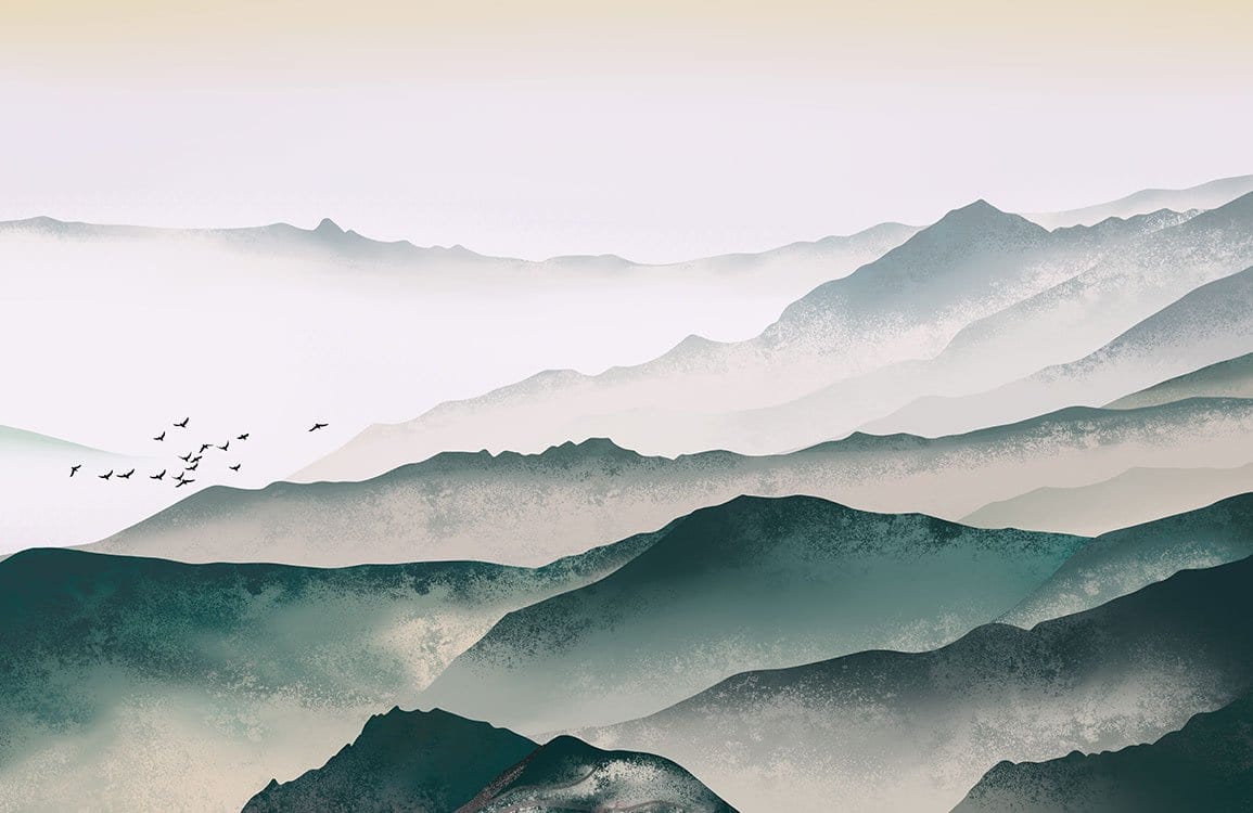 Serene Misty Mountains Mural Wallpaper - Tranquil Green Landscape Design