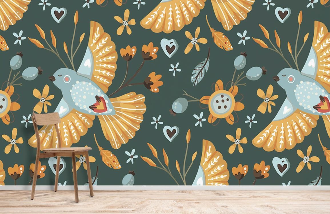 Vintage botanical wall Décor with teal, mustard birds; wooden chair; wooden flooring; vibrant pattern.