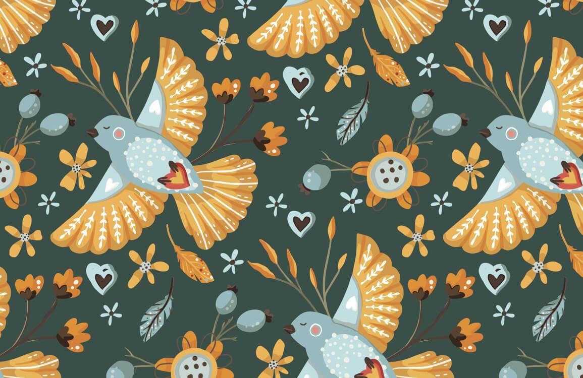 Vintage Botanical Birds and Blooms Teal and Mustard Wall Décor