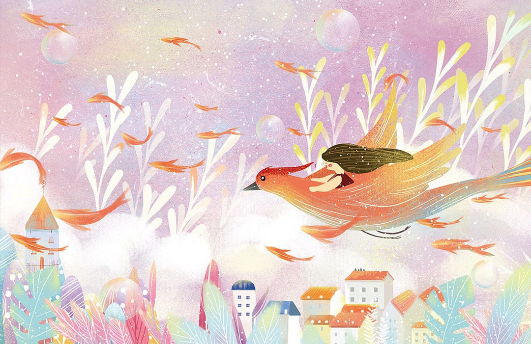 Whimsical Pastel Fantasy Mural Wallpaper with Enchanted Flying Bird Design.