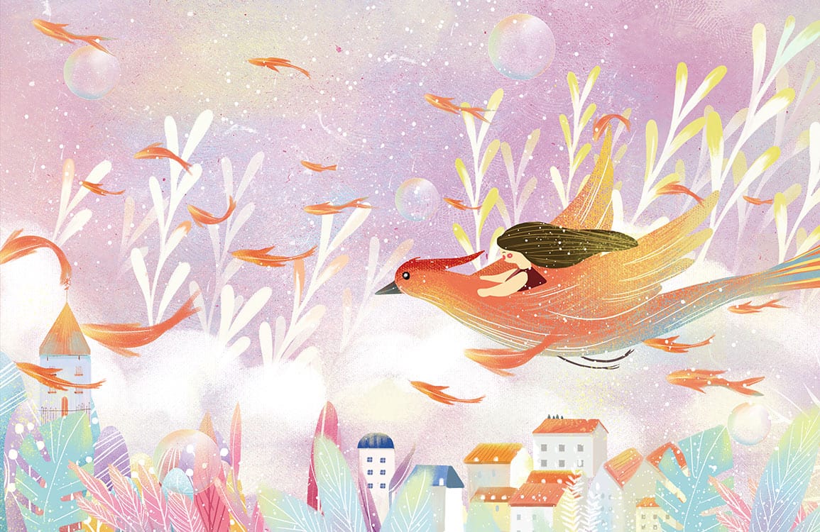 Whimsical Pastel Fantasy Mural Wallpaper with Enchanted Flying Bird Design.