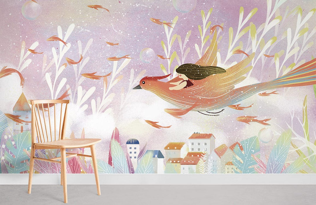 Whimsical Pastel Fantasy Mural with Enchanted Bird, wooden chair, light grey flooring, dreamy decor.