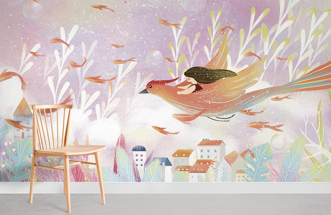 Whimsical Pastel Fantasy Mural with Enchanted Bird, wooden chair, light grey flooring, dreamy decor.