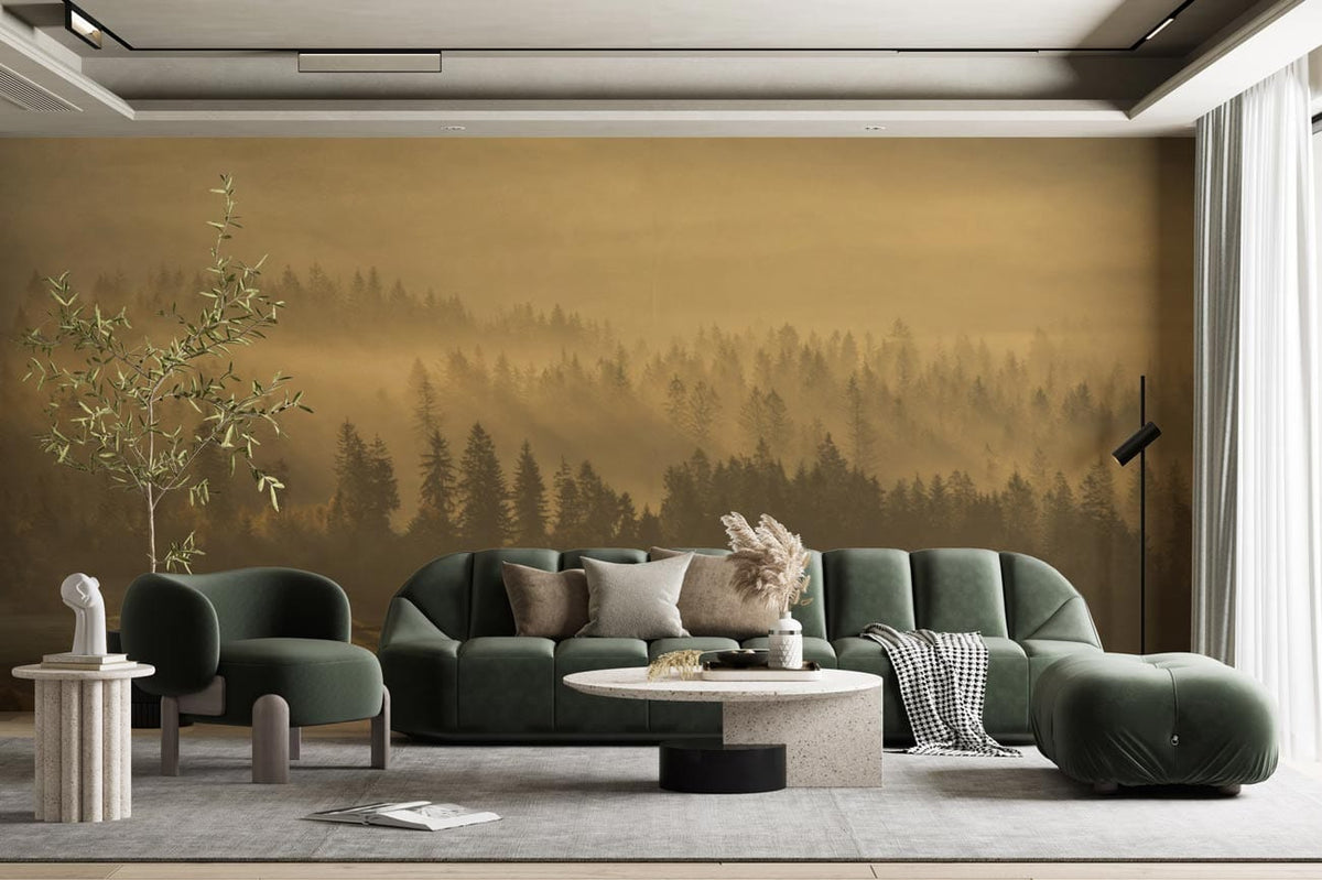Green velvet sofa, minimalist furniture, grey flooring, Golden Misty Forest mural wallpaper in modern living room.