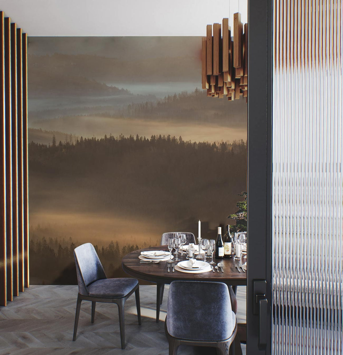 Tranquil Sunrise Woodland Mural Wallpaper with dining table, grey chairs, and herringbone flooring in dining room.