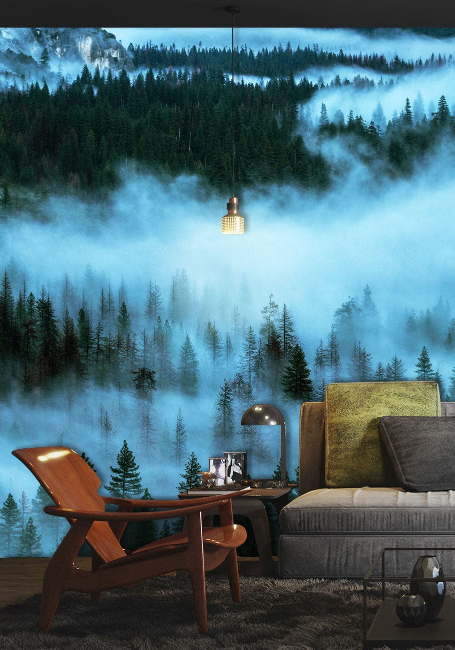 Misty Forest mural, serene green tones, cosy living room, modern sofa, wooden chair, plush rug.