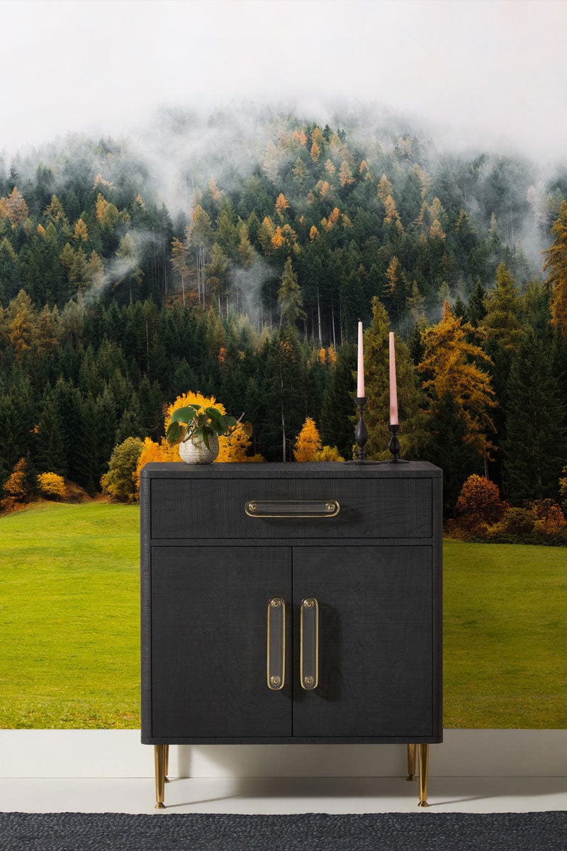 Misty Autumn Forest Mural Wallpaper in cosy room, dark cabinet, misty landscape with green, golden hues.