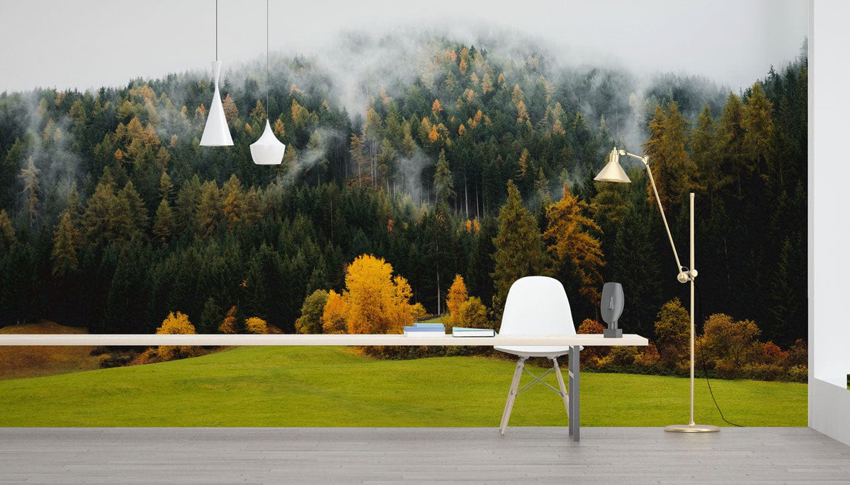 Misty Autumn Forest Mural wallpaper; contemporary room setting with minimalist white chair and grey flooring.