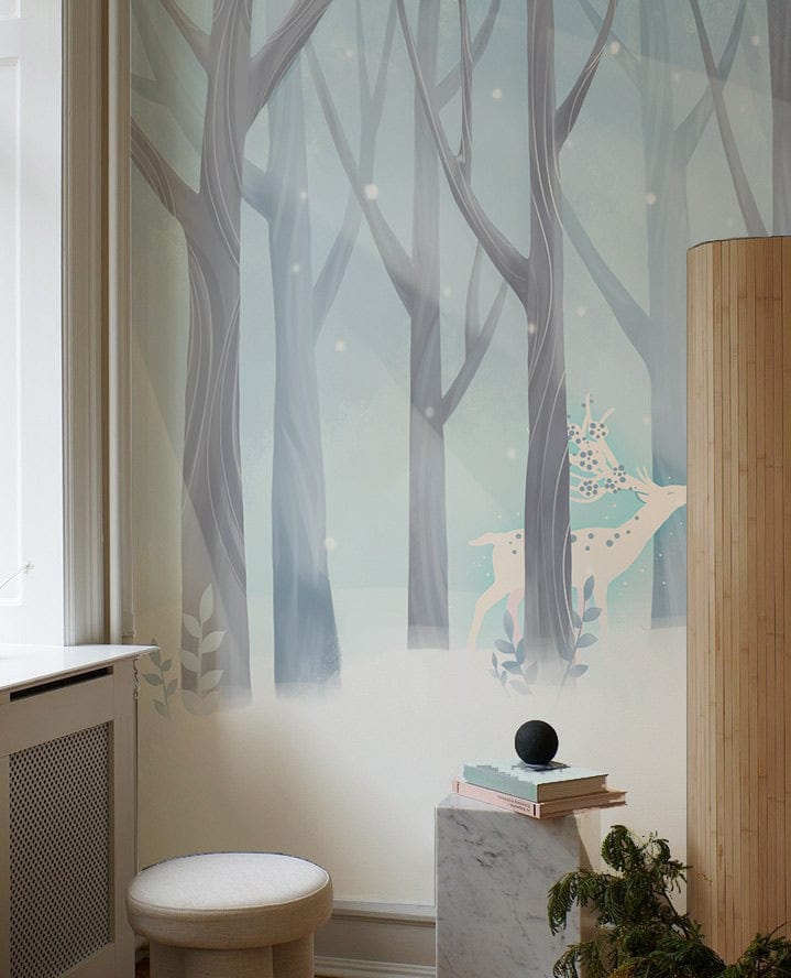 Enchanting Winter Forest mural featuring mystical deer, stool, and laminate flooring; perfect for elegant spaces.