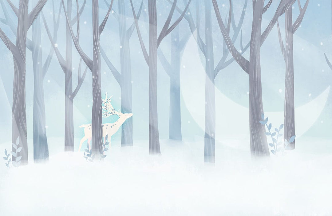 Enchanting Winter Forest Wallpaper Mural: Blue Mystical Deer Design