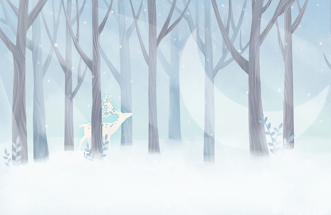 Enchanting Winter Forest Wallpaper Mural: Blue Mystical Deer Design
