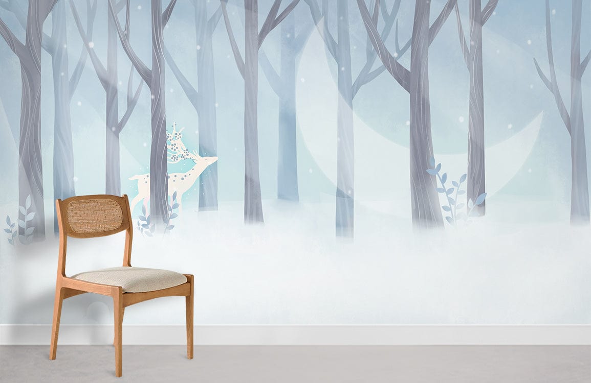 Enchanting Winter Forest Wallpaper: Mystical Deer, light grey wall, wooden chair, minimalist design.