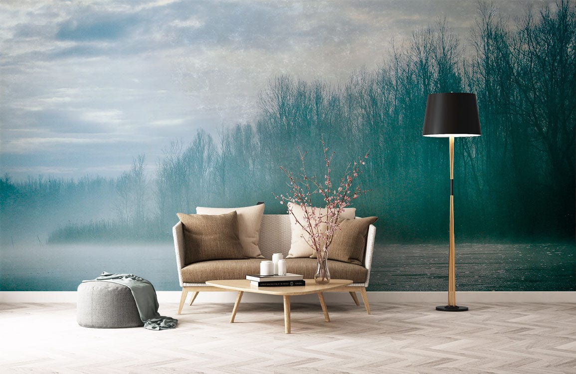 Misty Teal Forest River mural wallpaper in stylish living room with beige sofa and herringbone floor.