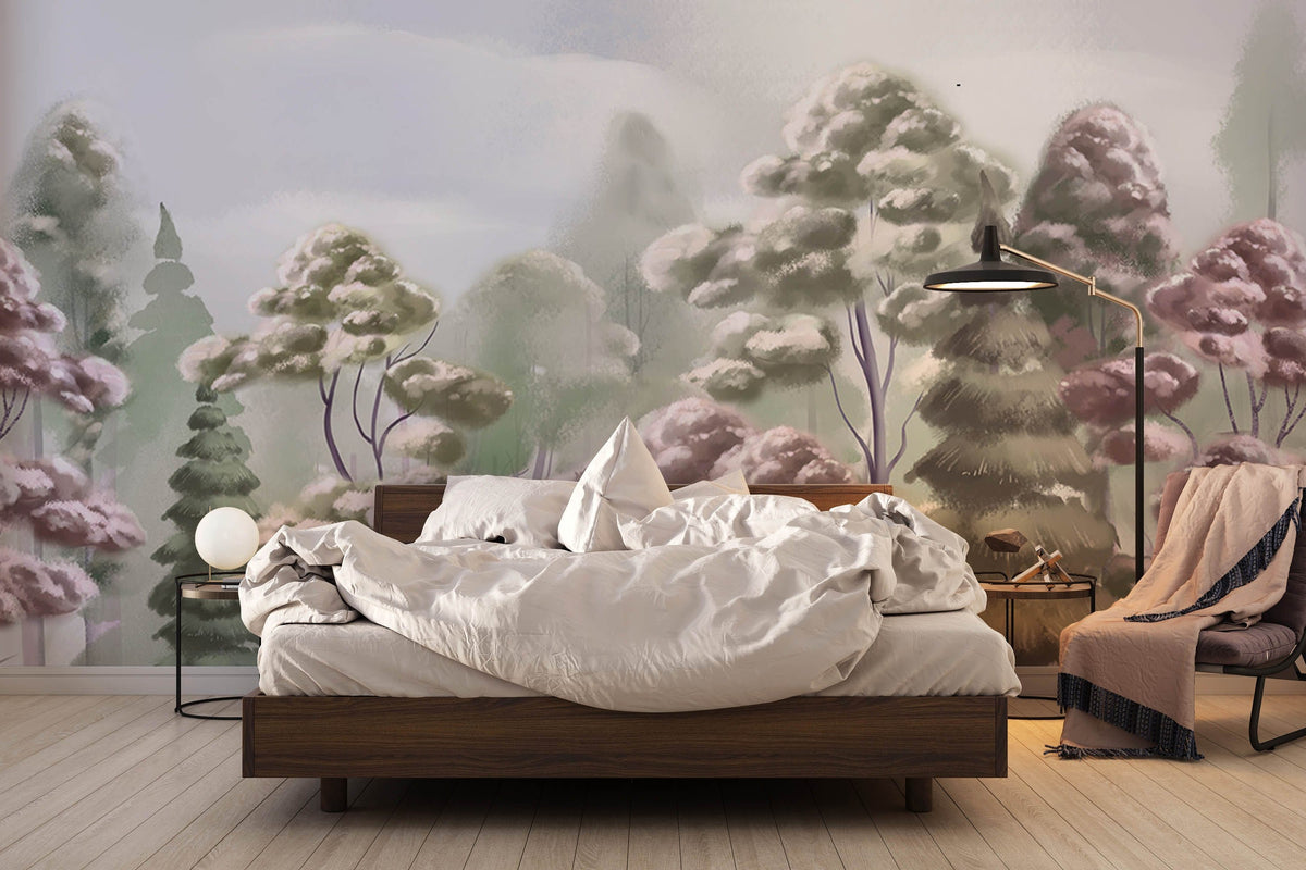 Whimsical Pastel Forest Nature Mural in bedroom, wooden bed, lamp, neutral bedding, light flooring.