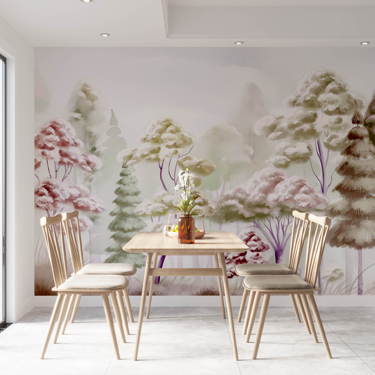 Dining room with Whimsical Pastel Forest Mural, wooden table and chairs, light tiled flooring.