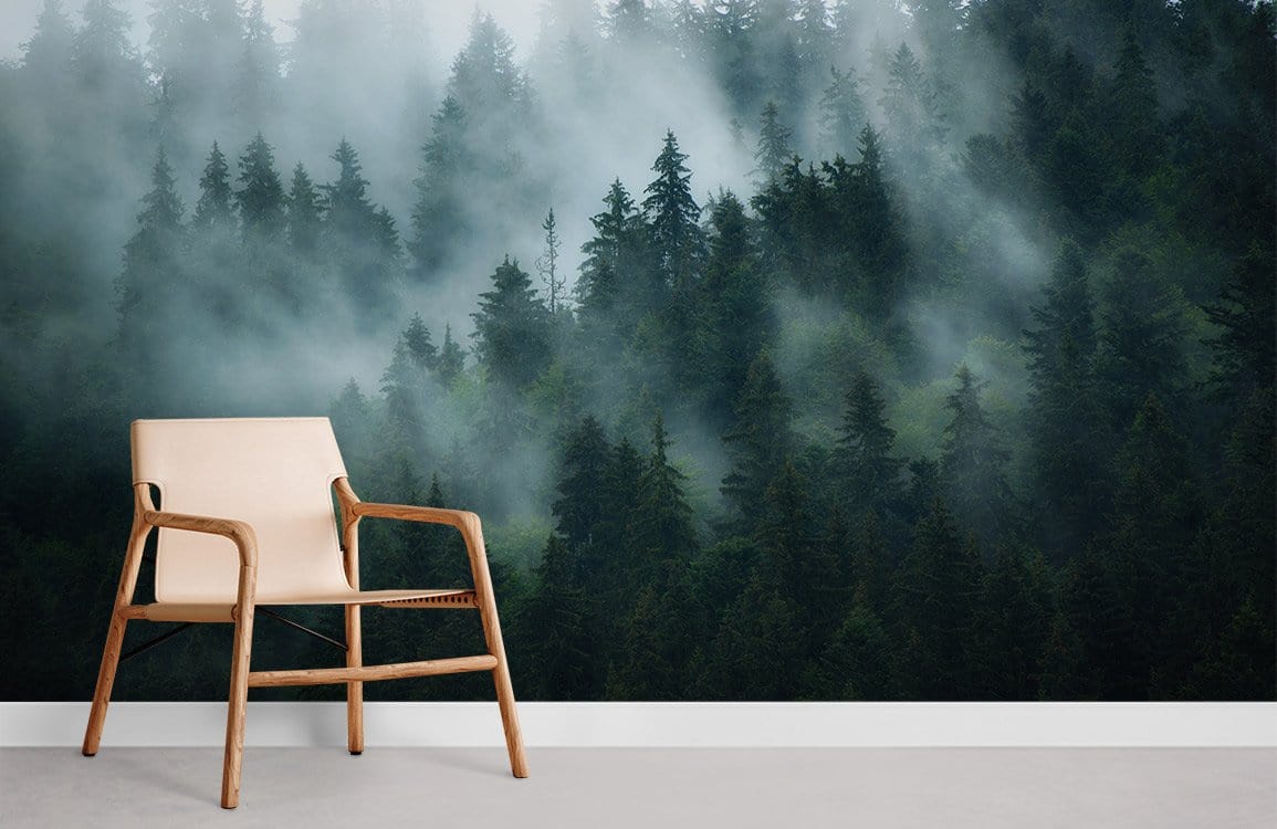 Enchanted Misty Forest mural, wooden chair, grey flooring, serene green woodland escape wall mural.