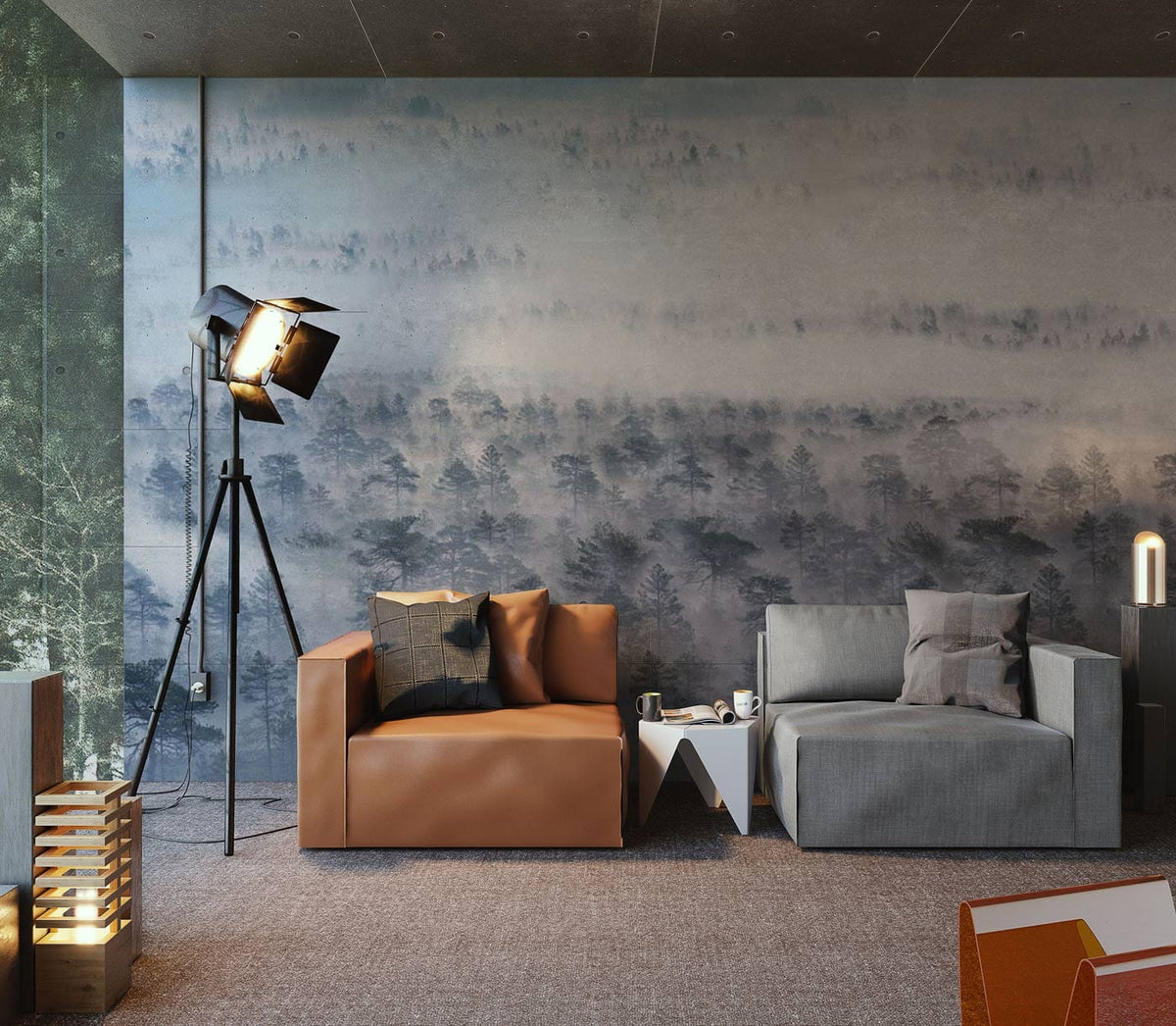 Serene Misty Forest Landscape Mural in living room with brown and grey sofas, modern floor lamp.