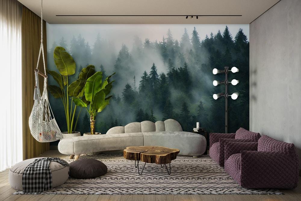 Enchanted Misty Forest Mural in modern lounge, grey sofa, purple chairs, wooden flooring, natural decor.