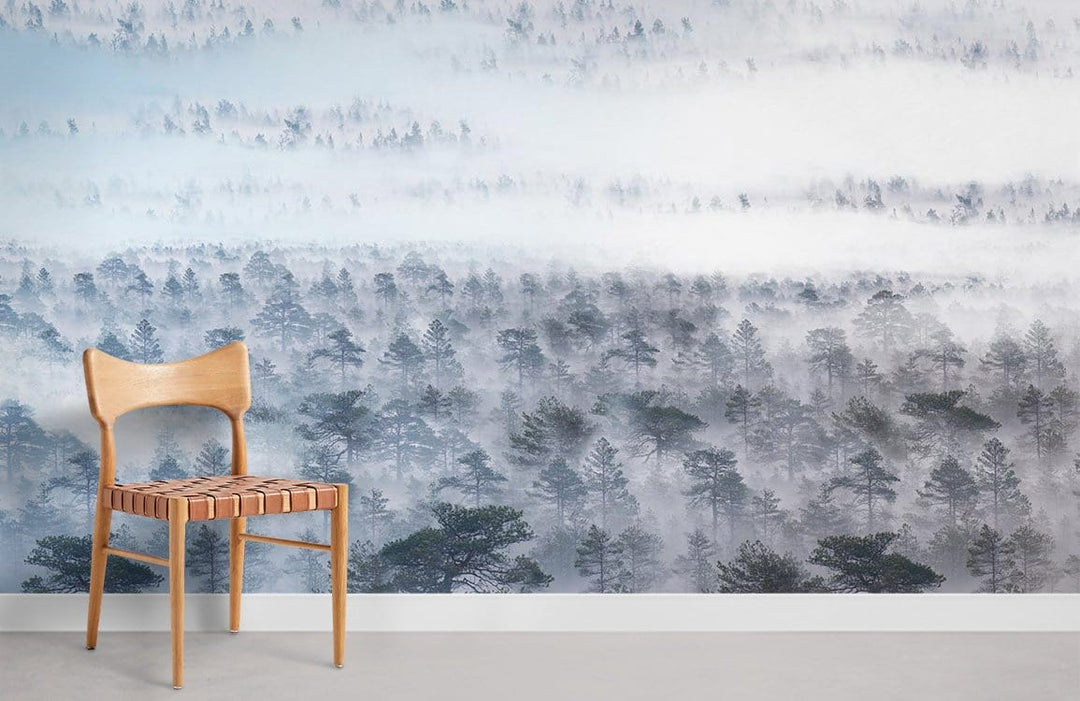 Serene Misty Forest Landscape Mural Wallpaper with wooden chair on grey flooring in minimalist room.