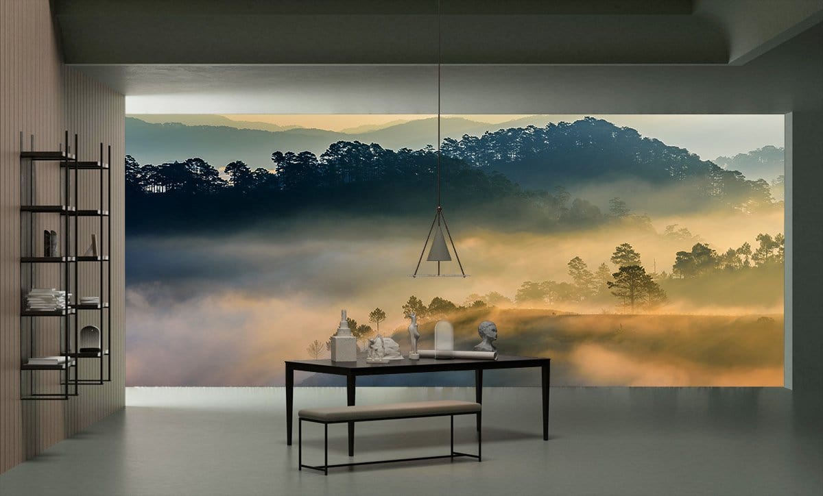 Mystical Foggy Forest Landscape mural in modern dining room, with minimalist table, bench, and shelving.