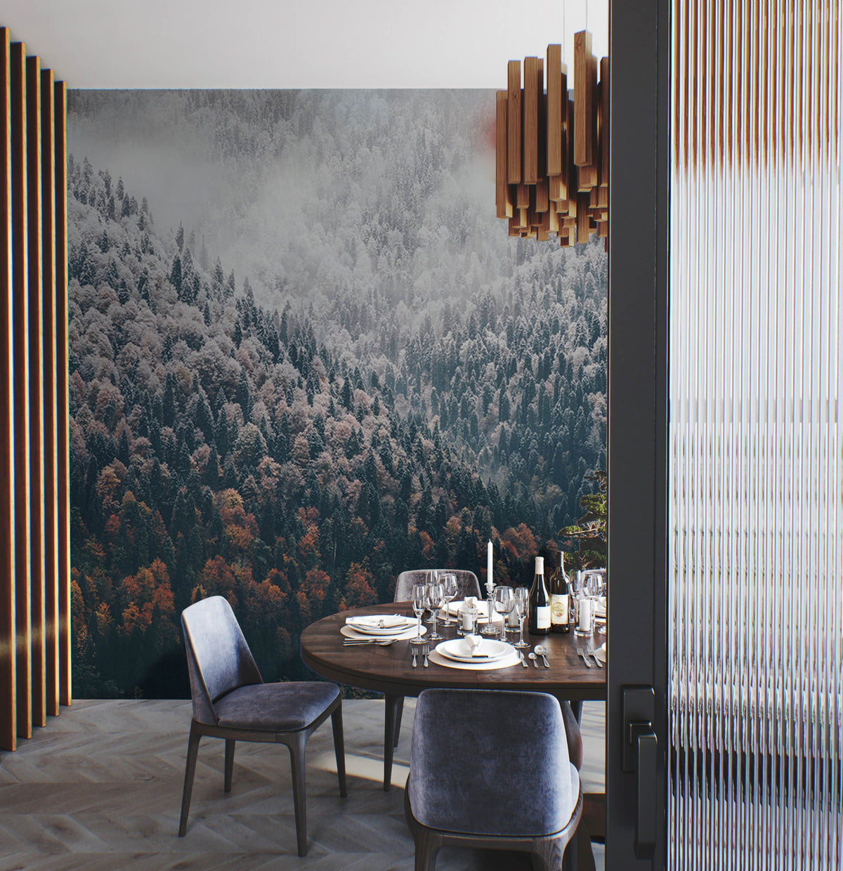 Autumn woodland mural wallpaper in dining room with wooden chandelier, velvet chairs, and herringbone flooring.
