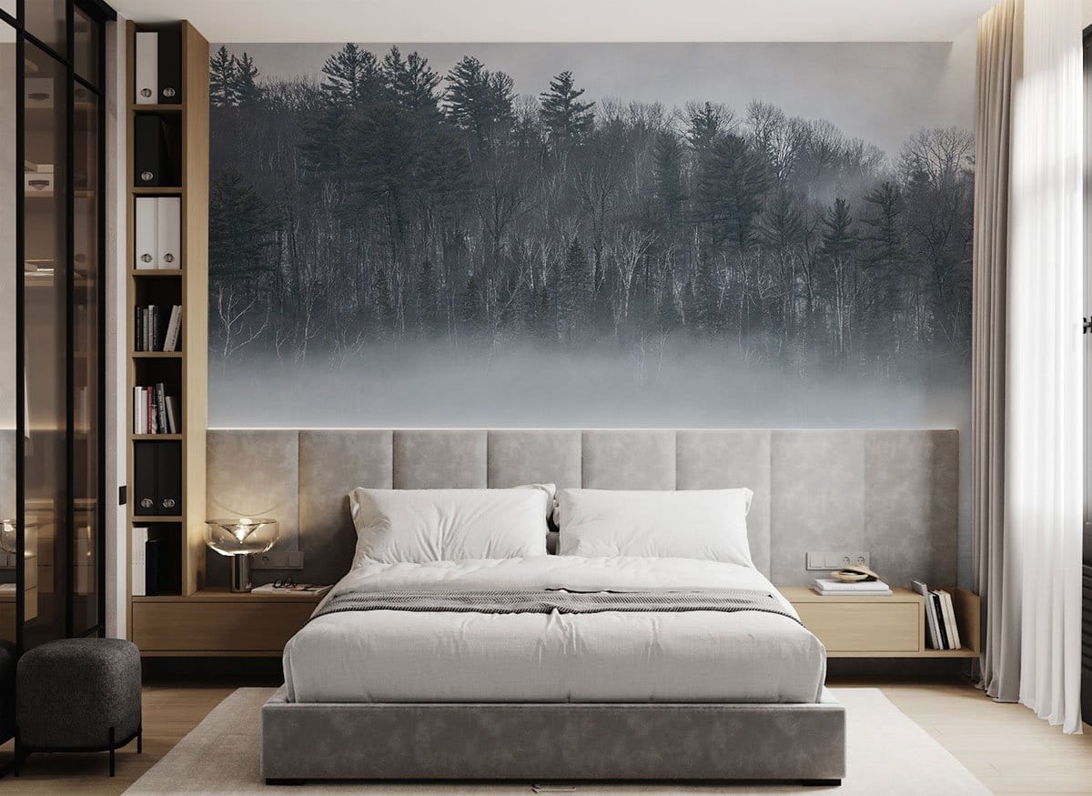 Modern bedroom featuring Serene Misty Forest Murals in grey with elegant bed, wood flooring, and shelves.