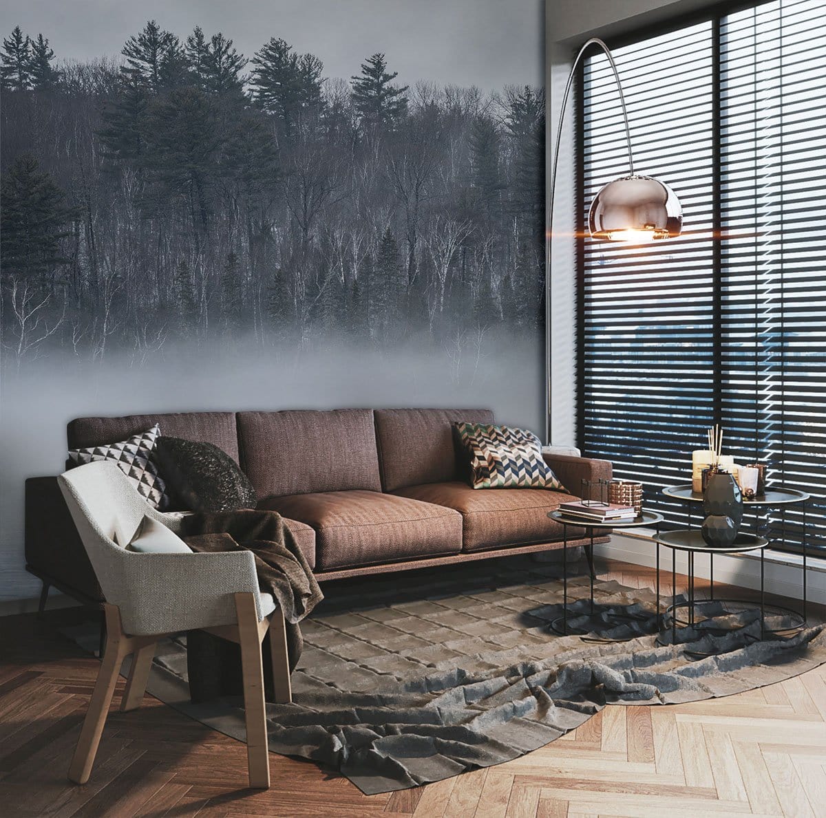 Serene Misty Forest Murals in living room with brown sofa, herringbone wood flooring, and modern decor.
