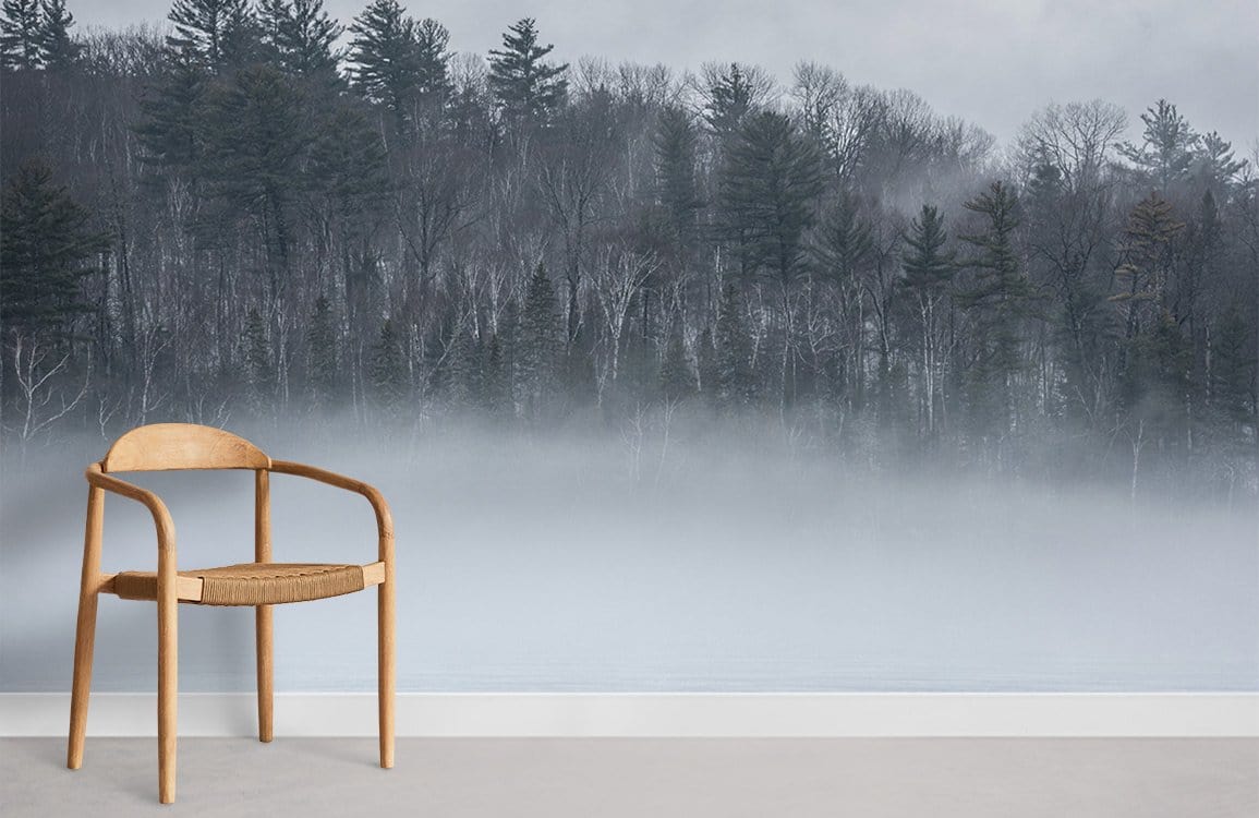 Serene Misty Forest mural in tranquil grey, featuring modern wooden chair, on light carpet flooring.