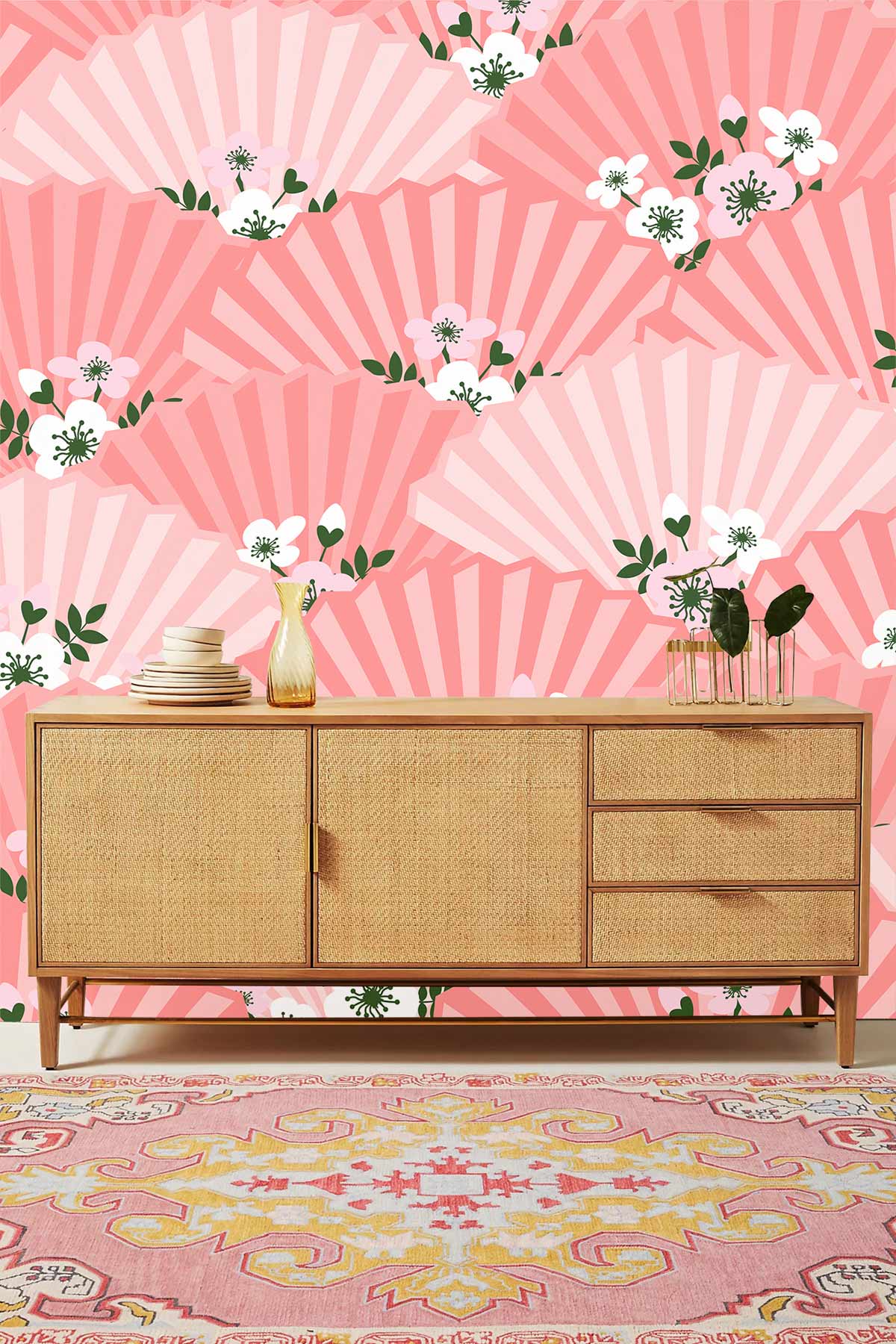Blossoming Pink Fan Pattern Wallpaper in living room with wooden sideboard and floral rug.