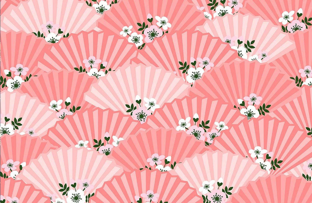 Blossoming Pink Fan Pattern Wallpaper - Floral Oriental Style Decor