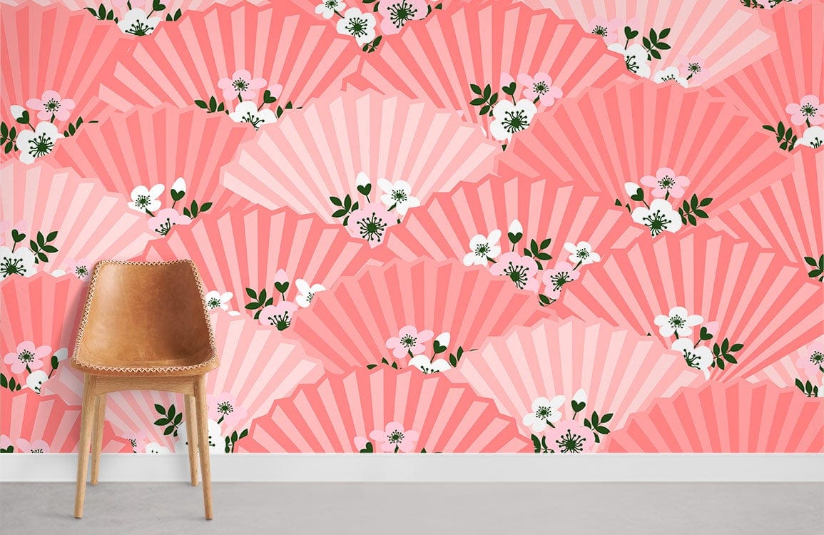 Blossoming Pink Fan Pattern Wallpaper in floral Oriental style with brown chair on grey flooring.