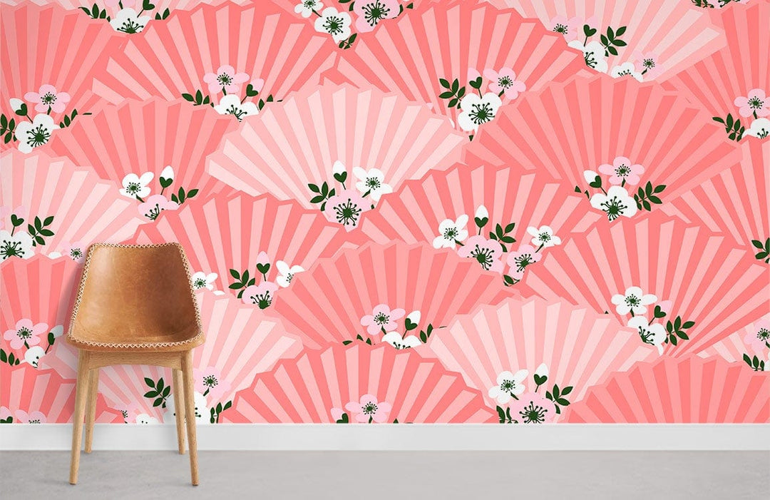 Blossoming Pink Fan Pattern Wallpaper in floral Oriental style with brown chair on grey flooring.