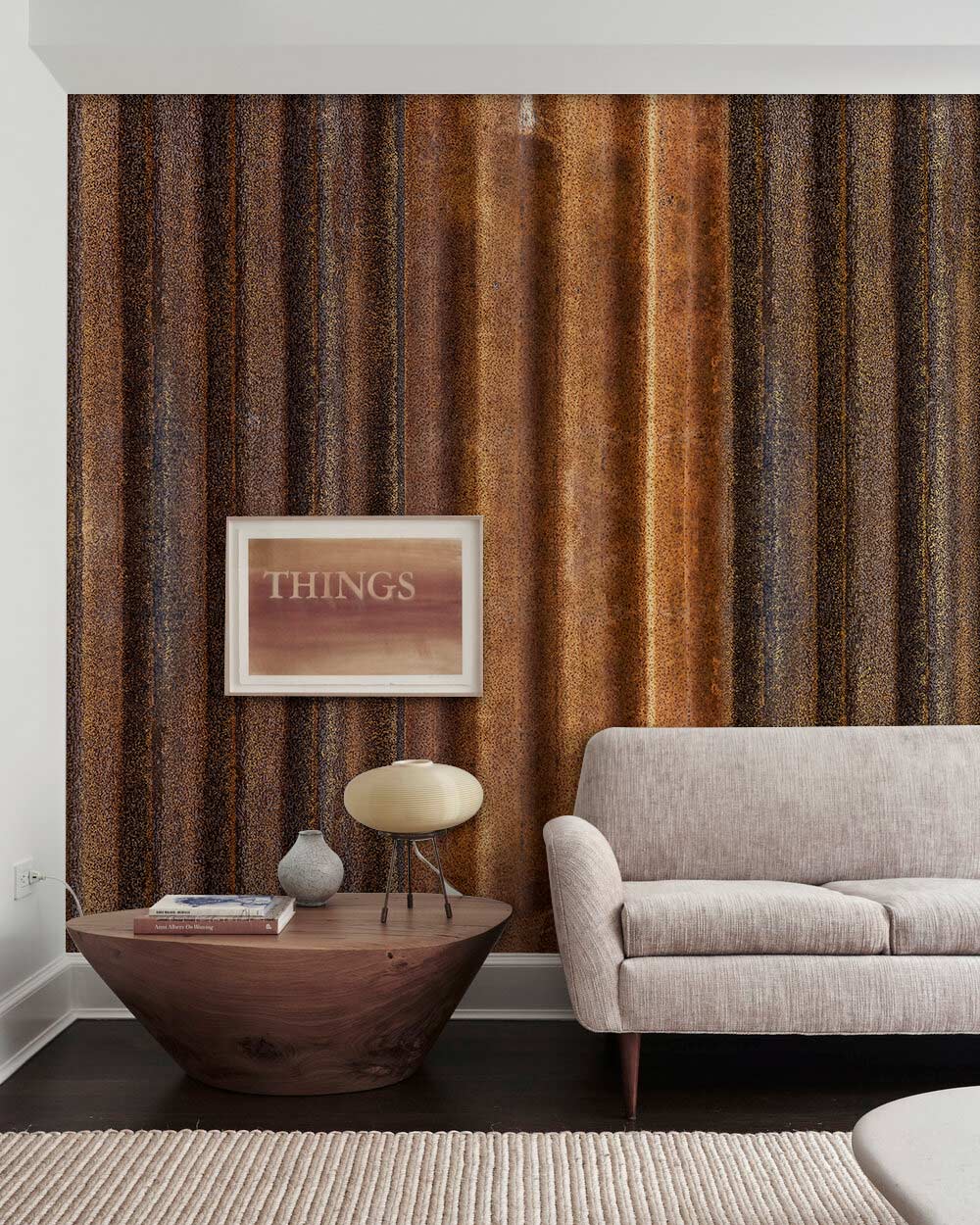 Rustic Corrugated Metal Effect Wallpaper with beige sofa, wooden coffee table, brown industrial design.